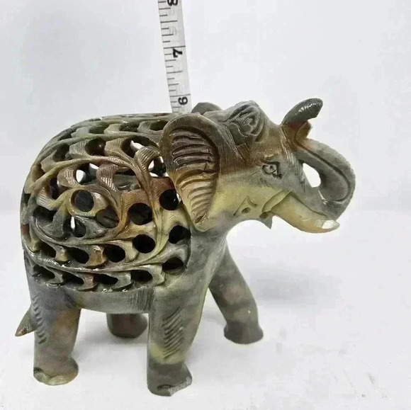 Hand Carved Soapstone Stone Elephant Baby Inside Green Figurine Natural Colors - Picture 8 of 9